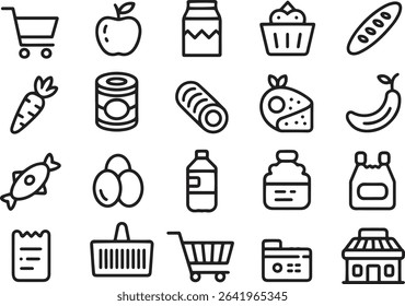 Groceries Line Icons Set. Food, Shopping, Basket, Supermarket. Editable Stroke. Vector Illustration	
