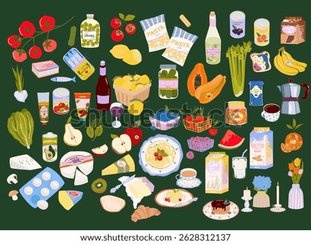 Groceries, Meals, Kitchen Essentials. Hand Drawn Food and Drink Illustration Set. Editable vector illustration