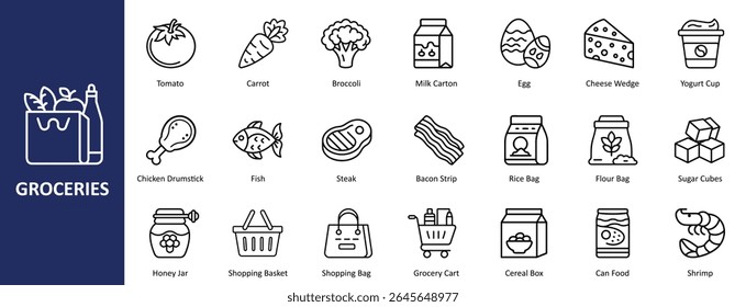 Groceries outline icon set for food, shopping, and supermarket, perfect for e-commerce, recipe apps, and meal planning designs