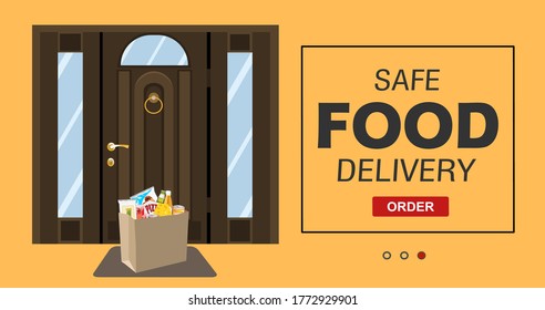 Groceries in package before  front door. Safe contactless delivery to home to prevent the spread of the corona virus.