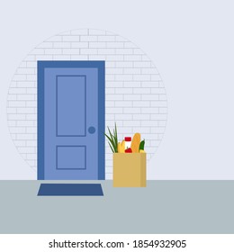 Groceries in paper bag left at front door. Safe contactless delivery to home. Delivery food service concept. Vector illustration.
