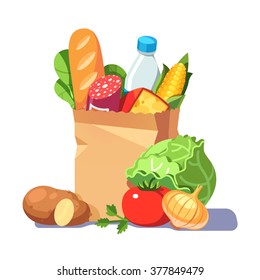 Groceries In A Paper Bag. Modern Flat Style Realistic Vector Illustration Isolated On White Background.