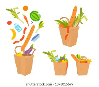 Groceries in paper bags. Carrot, eggplant, leek, bell pepper, milk, sausage, watermelon, orange, banana, berries, bread. Natural meal. Falling separately from above. Bright icons on white background.