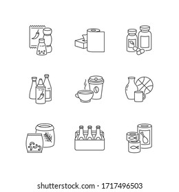 Groceries pixel perfect linear icons set. Condiments for cooking. Paper products. Pharmaceutical pills. Customizable thin line contour symbols. Isolated vector outline illustrations. Editable stroke