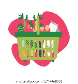 groceries in plastic basket block style vector illustration design