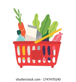 groceries in plastic basket free form style vector illustration design