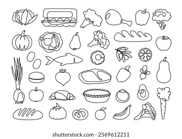 Groceries products doodle. Continuous line drawing. 