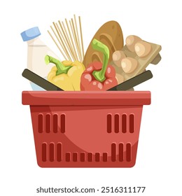 Groceries in a Red Shopping Basket. Vector illustration