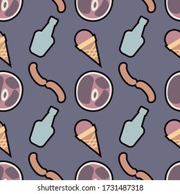 Groceries seamless pattern on a blue background. Vector illustration.