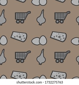 Groceries seamless pattern on a brown background. Vector illustration.