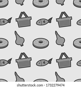 Groceries seamless pattern on gray background. Vector illustration.