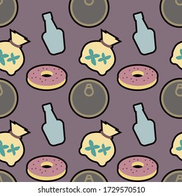 Groceries seamless pattern on a lilac background. Vector illustration.