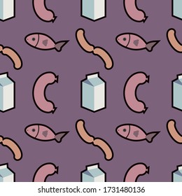 Groceries seamless pattern on a purple background. Vector illustration.