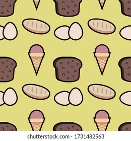 Groceries seamless pattern on a yellow background. Vector illustration.
