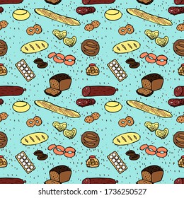 Groceries seamless pattern. Vector hand drawn doodle color illustration.