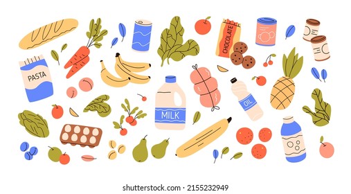 Groceries set. Different fresh food bundle. Various fruits, milk bottle, bread, ham, eggs, pasta, oil. Nutrition products, apples, cookies. Flat vector illustrations isolated on white background.
