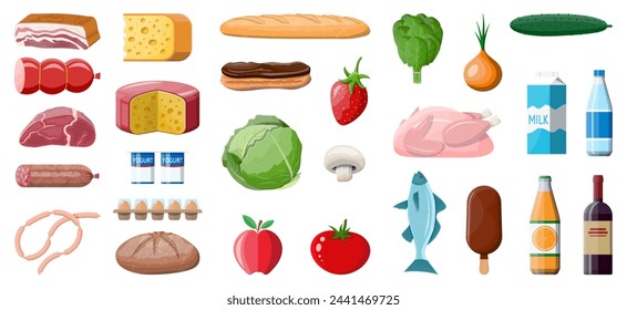 Groceries set. Grocery store collection. Supermarket. Fresh organic food and drinks. Milk, vegetables, meat, chicken cheese, sausages, wine fruits, fish cereal juice. Vector illustration flat style