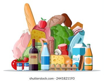 Groceries set. Grocery store collection. Supermarket. Fresh organic food and drinks. Milk, vegetables, meat, chicken cheese, sausages, wine fruits, fish cereal juice. Vector illustration flat style