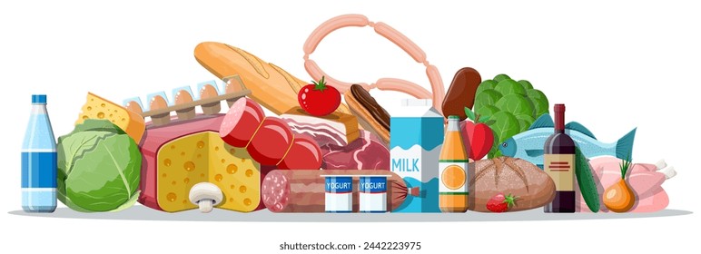 Groceries set. Grocery store collection. Supermarket. Fresh organic food and drinks. Milk, vegetables, meat, chicken cheese, sausages, wine fruits, fish cereal juice. Vector illustration flat style