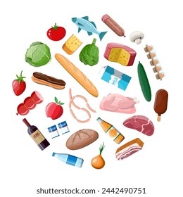 Groceries set. Grocery store collection. Supermarket. Fresh organic food and drinks. Milk, vegetables, meat, chicken cheese, sausages, wine fruits, fish cereal juice. Vector illustration flat style