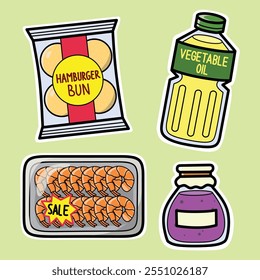 Conjunto de comestibles de bollo de hamburguesa, aceite vegetal, camarones y Vector de mermelada de arándanos dibujado a mano ilustración