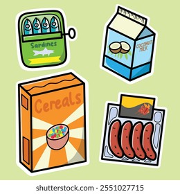 Conjunto de comestibles de sardinas, pescado, leche de coco, cereales y salchichas Vector ilustración dibujada a mano