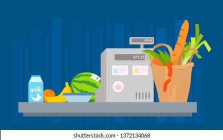 Groceries and shop cash register. Purchases check out. Vegetables, milk, fruits, bread, sausage. Vector colorful cartoon flat style illustration on blue background.