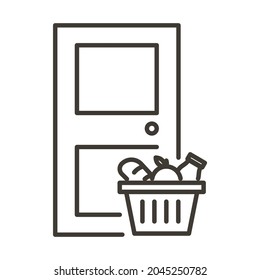 Groceries shopping basket with bread, milk and fruit food at the door. Vector thin line icon for delivery from online shop order