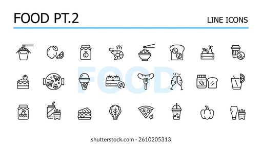 Groceries shopping for fruits, vegetables, fast food and ready meals. Vector icons set