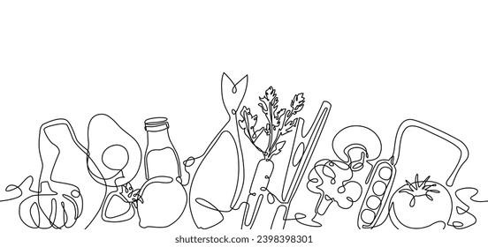 Comprando comestibles. ilustración con alimento en estilo de dibujo de línea continua.  Fondo vectorial con verduras, frutas, verduras, carne, pescado, pan de tostadora, bebidas.