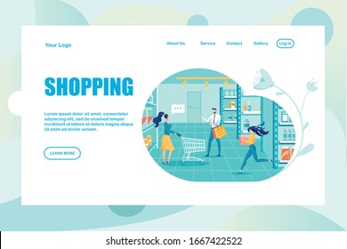 Groceries Shopping Online Service Flat Landing Page. People with Trolley Cart Buying Food Product in Shop Mall. Sale, Discount. E-commerce Advertising. Responsive Design. Vector Illustration
