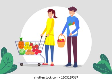 Groceries shopping vector concept: Happy couple carrying trolley and bags full of groceries