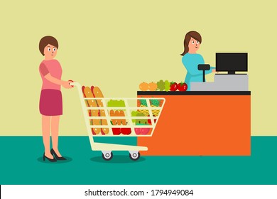 Groceries shopping vector concept: woman registering all of her groceries at the cashier