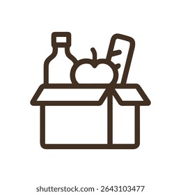 Groceries stocked neatly in cardboard box. Icon symbol illustration