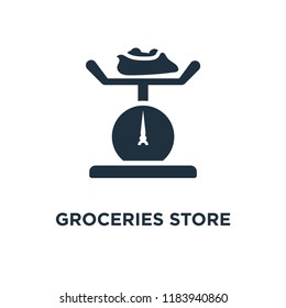 Groceries Store Scale icon. Black filled vector illustration. Groceries Store Scale symbol on white background. Can be used in web and mobile.