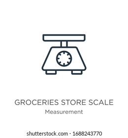 Icono de escala de tienda de comestibles. Los comestibles lineales delgados almacenan el icono de contorno de escala aislado en fondo blanco de la colección de medidas. Signo vectorial de línea, símbolo para web y móvil