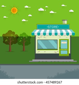 groceries store ,Vector illustration of store building. Ideal for business web publications and graphic design. Flat style vector illustration.