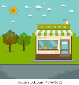 groceries store ,Vector illustration of store building. Ideal for business web publications and graphic design. Flat style vector illustration.