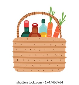 groceries in straw basket free form style vector illustration design