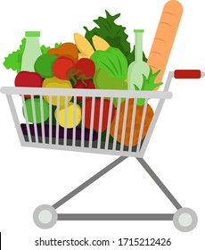 Groceries vector concept with trolley full of fruits, vegetables, juice, bread and other grocery products over the white background