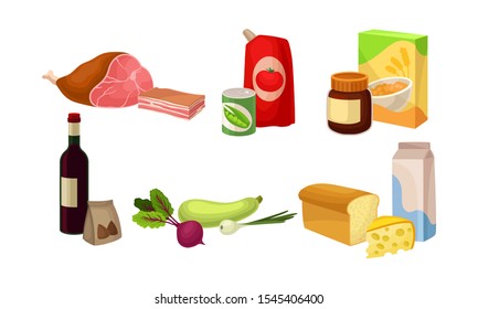 Groceries Vector Illustrated Set. Different Food from Supermarket Concept