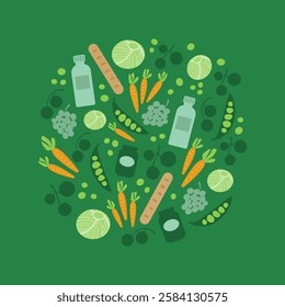 Groceries and vegetables, healthy eating, round illustration.