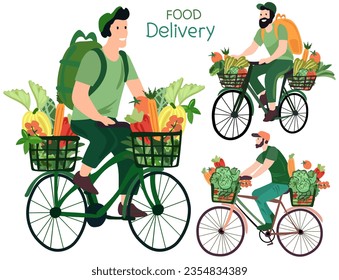 Grocery acquisition, Courier on bike delivers fresh vegetables and fruits from a supermarket. Green logistics. Ecological fast delivery home and office. Vector