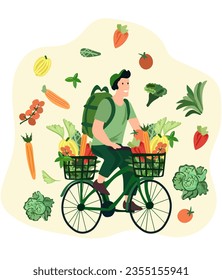 Grocery acquisition, Courier on bike delivers fresh vegetables and fruits from a supermarket. Green logistics. Ecological fast delivery home and office. Vector illustration.
