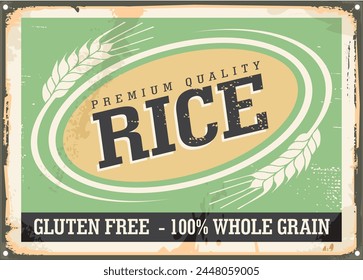 Grocery advertising sign for premium quality organic rice. Food vector illustration. Whole grain rice promotional poster template.