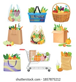 Grocery Bag and Basket Full of Food and Products from Market Vector Set