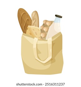 Grocery bag with bread, cheese, eggs, and milk. Vector illustration