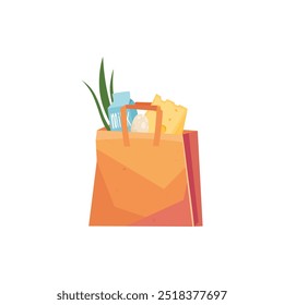 Grocery bag and cart. Shopping basket, paper and plastic package, eco bag with organic food. Supermarket goods and groceries vector icon. Illustration basket bag and cart with food, white background