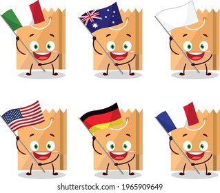 Grocery bag cartoon character bring the flags of various countries