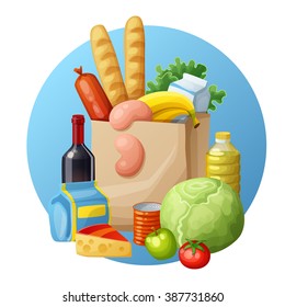 Grocery bag. Cartoon vector illustration. Bread, bananas, green, wine, tomato, cabbage, sausages, apples, milk, oil, cheese, tin